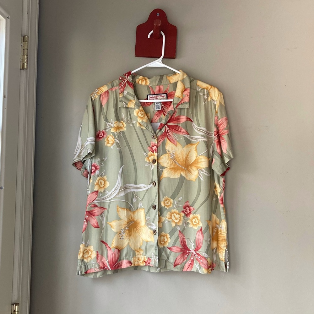 Vintage Jamaica Bay Green Hawaiian Tropical Button Down Shirt L
